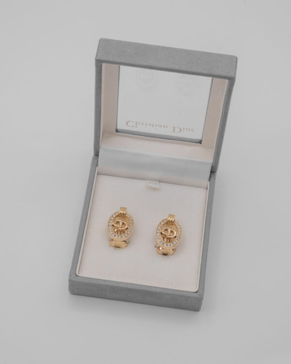 Klipsy Christian Dior – złocone, z cyrkoniową oprawą i logo CD