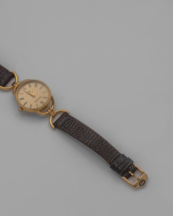 DSC_9559 Zegarek Gucci Horsebit 6000L Quartz– złota koperta z jasną tarczą na skórzanym pasku, lata 90.