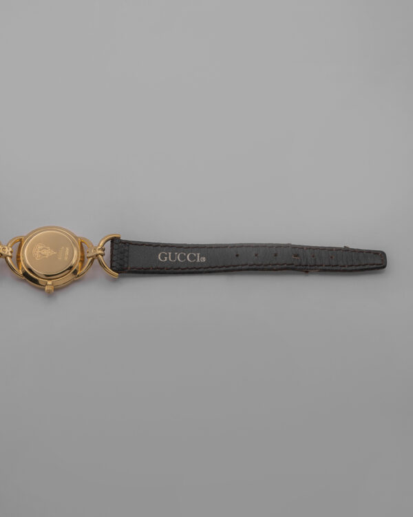 DSC_9569 Zegarek Gucci Horsebit 6000L Quartz– złota koperta z jasną tarczą na skórzanym pasku, lata 90.