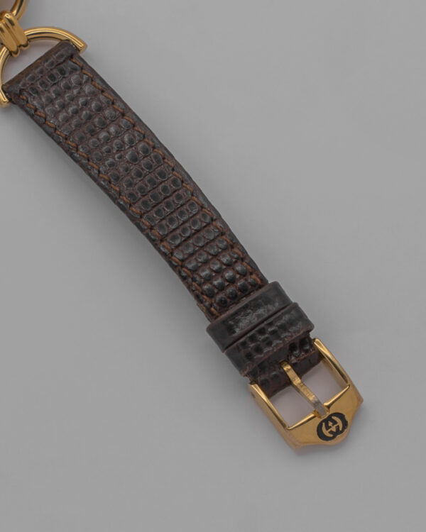 DSC_9581 Zegarek Gucci Horsebit 6000L Quartz– złota koperta z jasną tarczą na skórzanym pasku, lata 90.