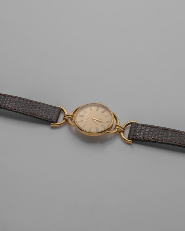 DSC_9583 Zegarek Gucci Horsebit 6000L Quartz– złota koperta z jasną tarczą na skórzanym pasku, lata 90.