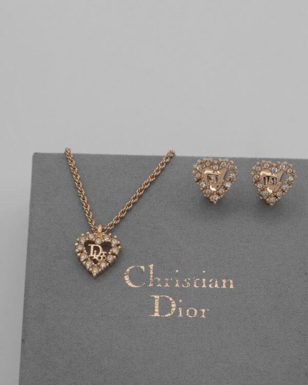Komplet Christian Dior – pozłacany naszyjnik i klipsy z kryształkami
