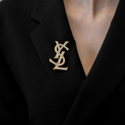 Broszka Yves Saint Laurent - duża broszka logo YSL wysadzana kryształkami, lata 80./90.