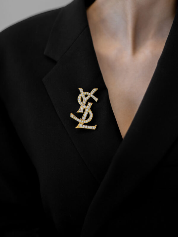 Broszka Yves Saint Laurent - duża broszka logo YSL wysadzana kryształkami, lata 80./90.