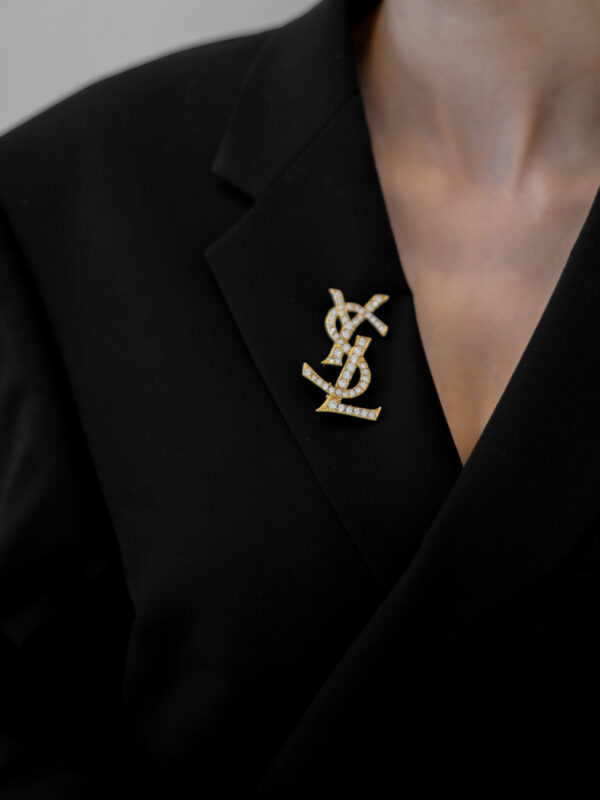 Broszka Yves Saint Laurent - duża broszka logo YSL wysadzana kryształkami, lata 80./90.