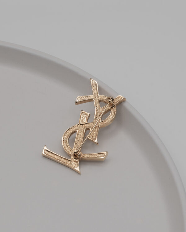 Broszka Yves Saint Laurent - duża broszka logo YSL wysadzana kryształkami, lata 80./90.