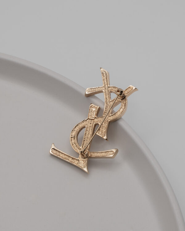 Broszka Yves Saint Laurent - duża broszka logo YSL wysadzana kryształkami, lata 80./90.