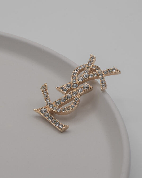 Broszka Yves Saint Laurent - duża broszka logo YSL wysadzana kryształkami, lata 80./90.