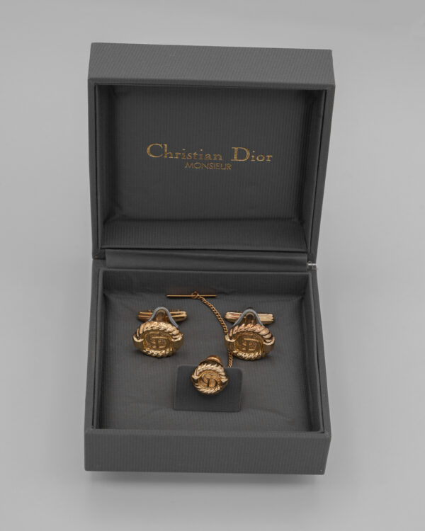 Męski komplet Christian Dior – spinki do mankietów i szpilka do krawata (tie pin)