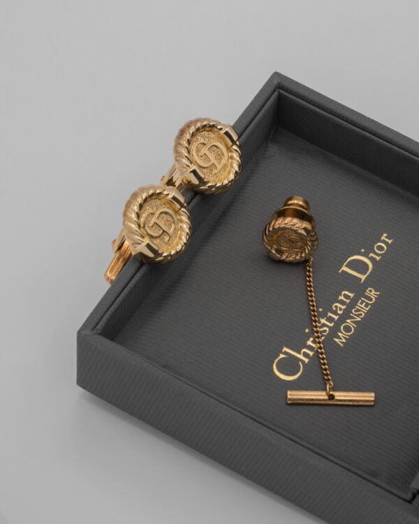 Męski komplet Christian Dior – spinki do mankietów i szpilka do krawata (tie pin)