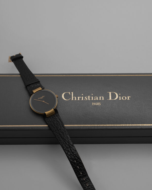Zegarek Christian Dior – minimalistyczny luksus z głęboką czarną tarczą, lata 80./90.