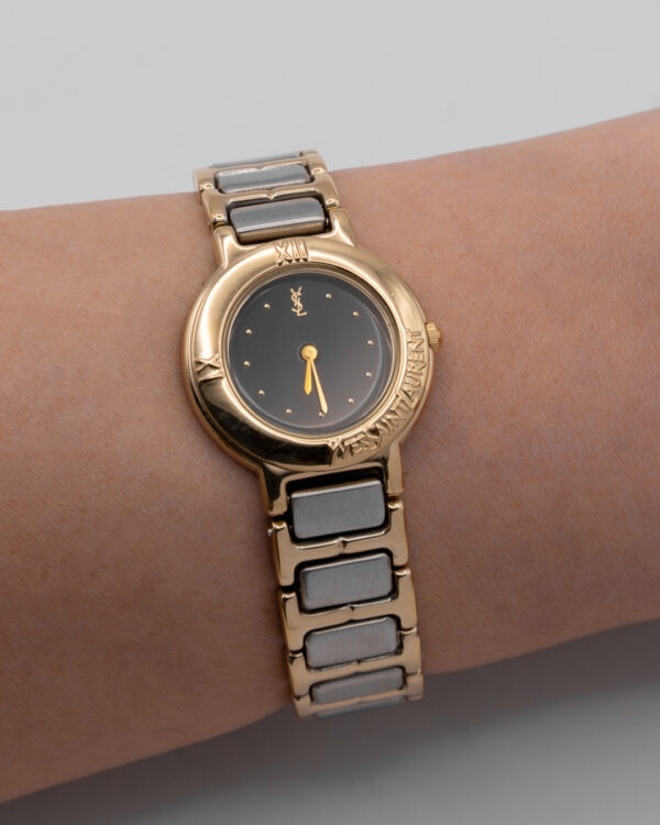 Zegarek Yves Saint Laurent Arty bicolor – złota koperta z czarną tarczą, Swiss Made, lata 90.