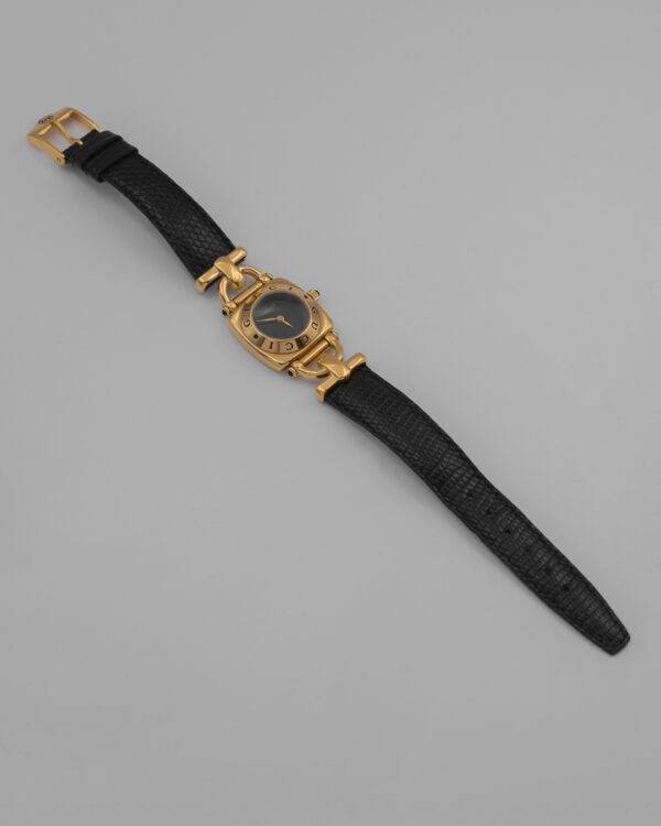 Zegarek Gucci Horsebit Swiss Made - pozłacany zegarek z czarną tarczą i skórzanym paskiem, lata 80./90.