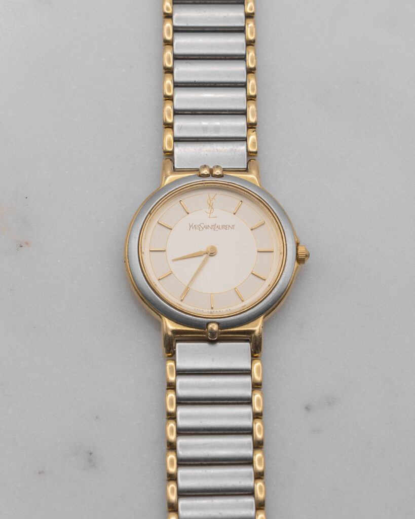 Zegarek Yves Saint Laurent - minimalistyczny bicolor z jasną elegancką tarczą, lata 90.