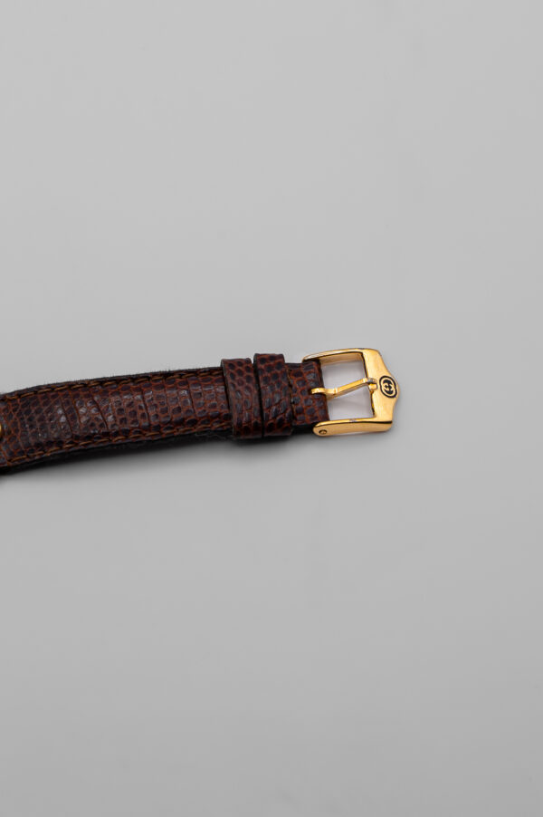 Zegarek Gucci 6000 Horsebit -  jasna koperta w złotej oprawie na brązowym skórzanym pasku, lata 80./90.
