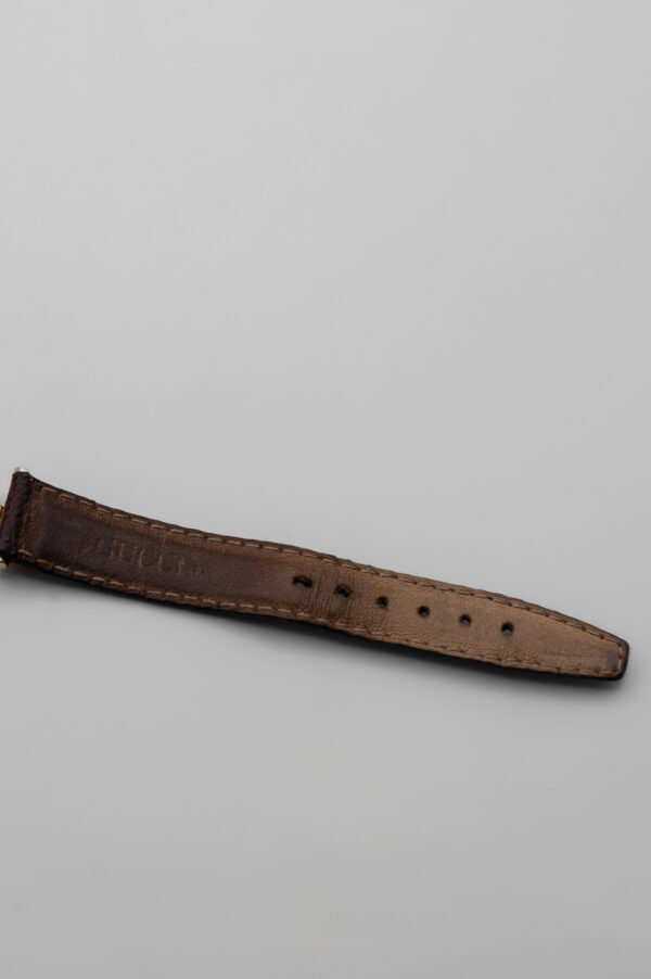 Zegarek Gucci 6000 Horsebit -  jasna koperta w złotej oprawie na brązowym skórzanym pasku, lata 80./90.