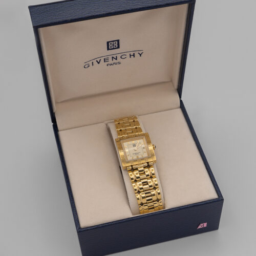 Zegarek Givenchy ASPARAS 4G limitowana edycja - masywna pozłacana bransoleta z delikatną jasną tarczą, lata 90.