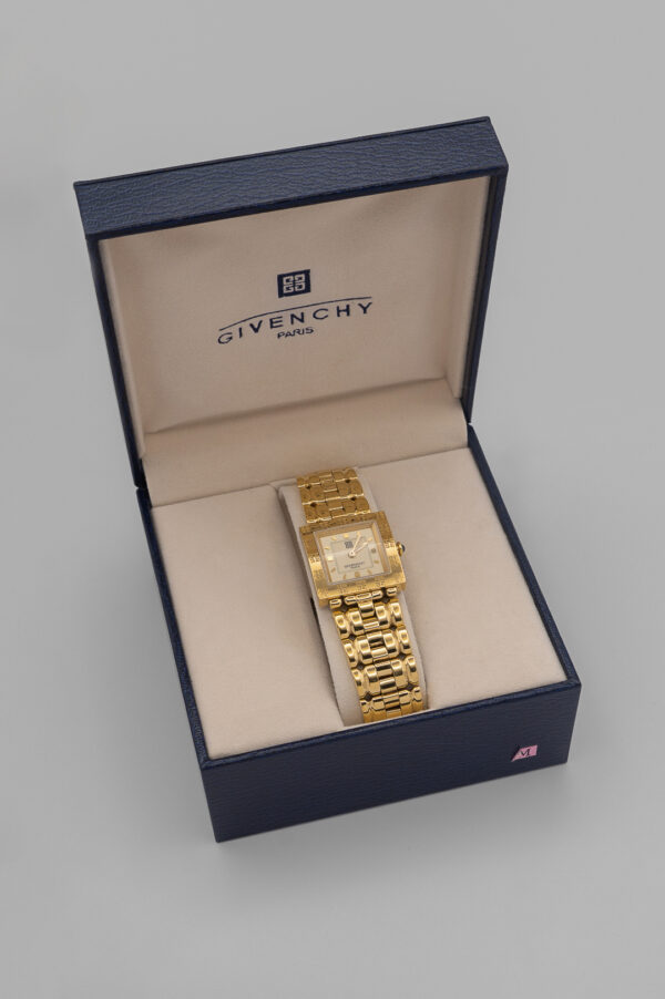 Zegarek Givenchy ASPARAS 4G limitowana edycja - masywna pozłacana bransoleta z delikatną jasną tarczą, lata 90.