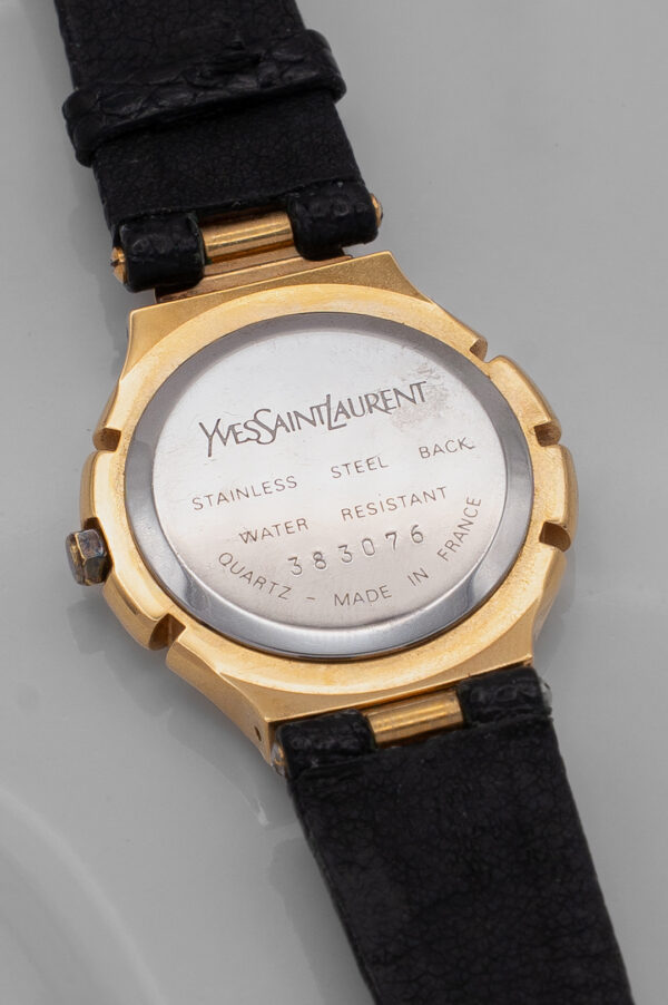 Zegarek Yves Saint Laurent - wielowarstwowa pozłacana tarcza na skórzanym pasku, lata 90.